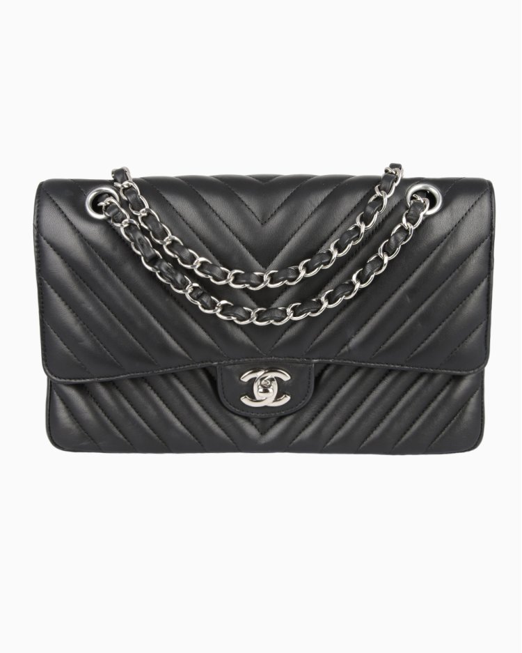 Bolsa Chanel Original Classic Double Flap Chevron Média Preta Feminina